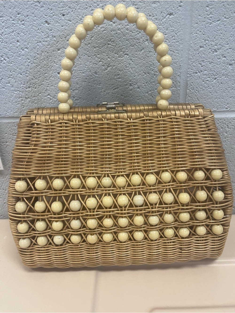 Vintage Cream-Beaded Woven Shoulder Bag